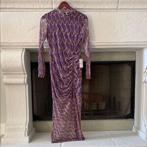 Purple Ruched Long Sleeve Mesh Maxi Dress